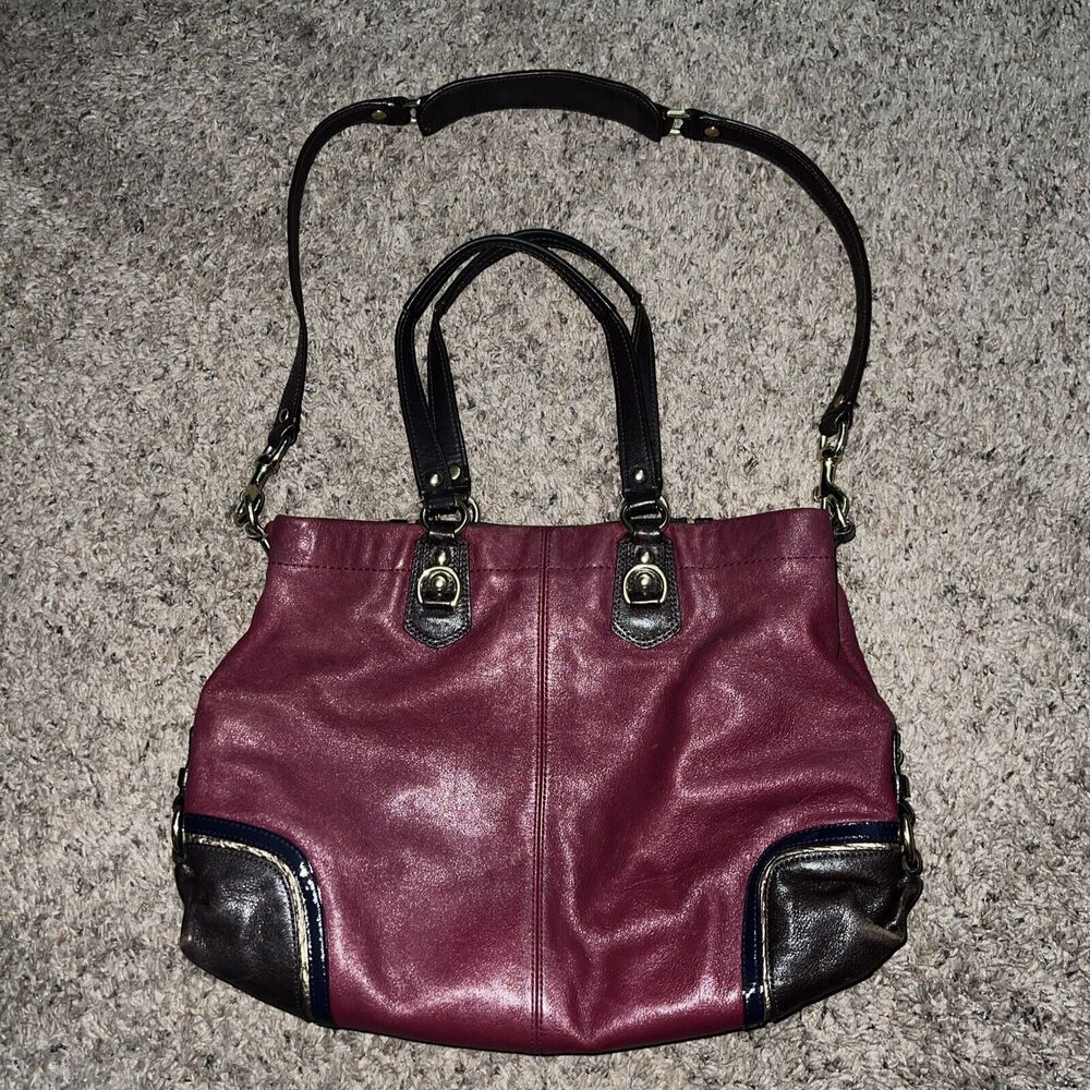 Vtg Coach Purse Magenta Red Choco Brown Gold‎ Leather Ashley Satchel Tote - Picture 4 of 15